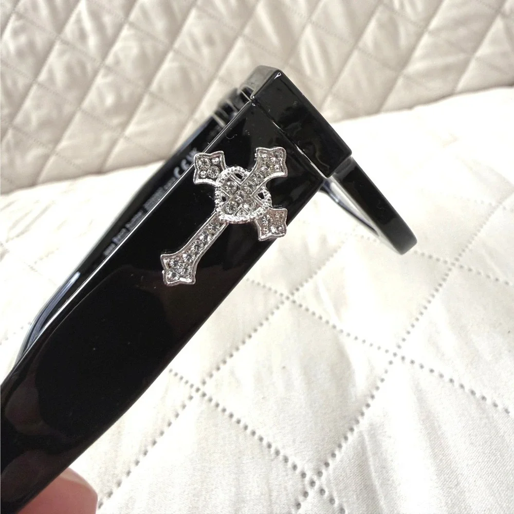 Black Crystal Cross Decor Fashion Glasses Rectangular Clear Lens